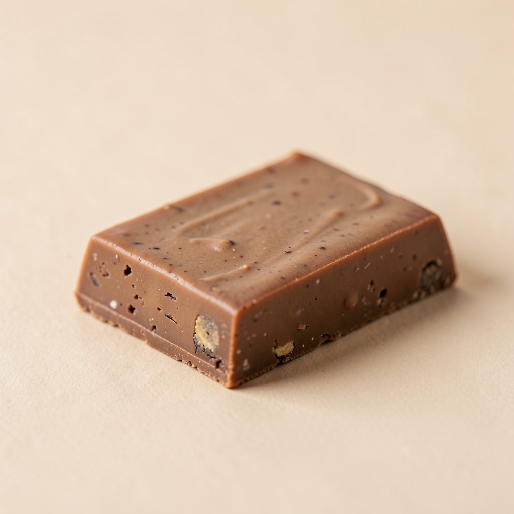 Creamy cookie-butter-toned chocolate bar on a soft beige surface
