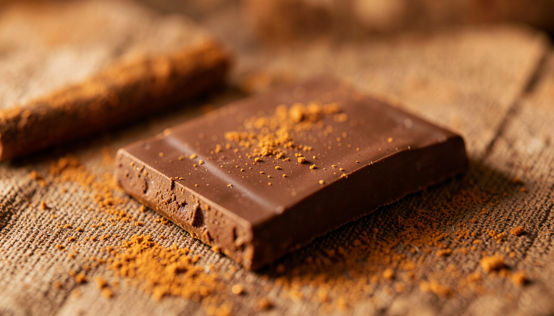 Chocolate bar with warm brown and amber tones suggesting cinnamon spice, cozy mood