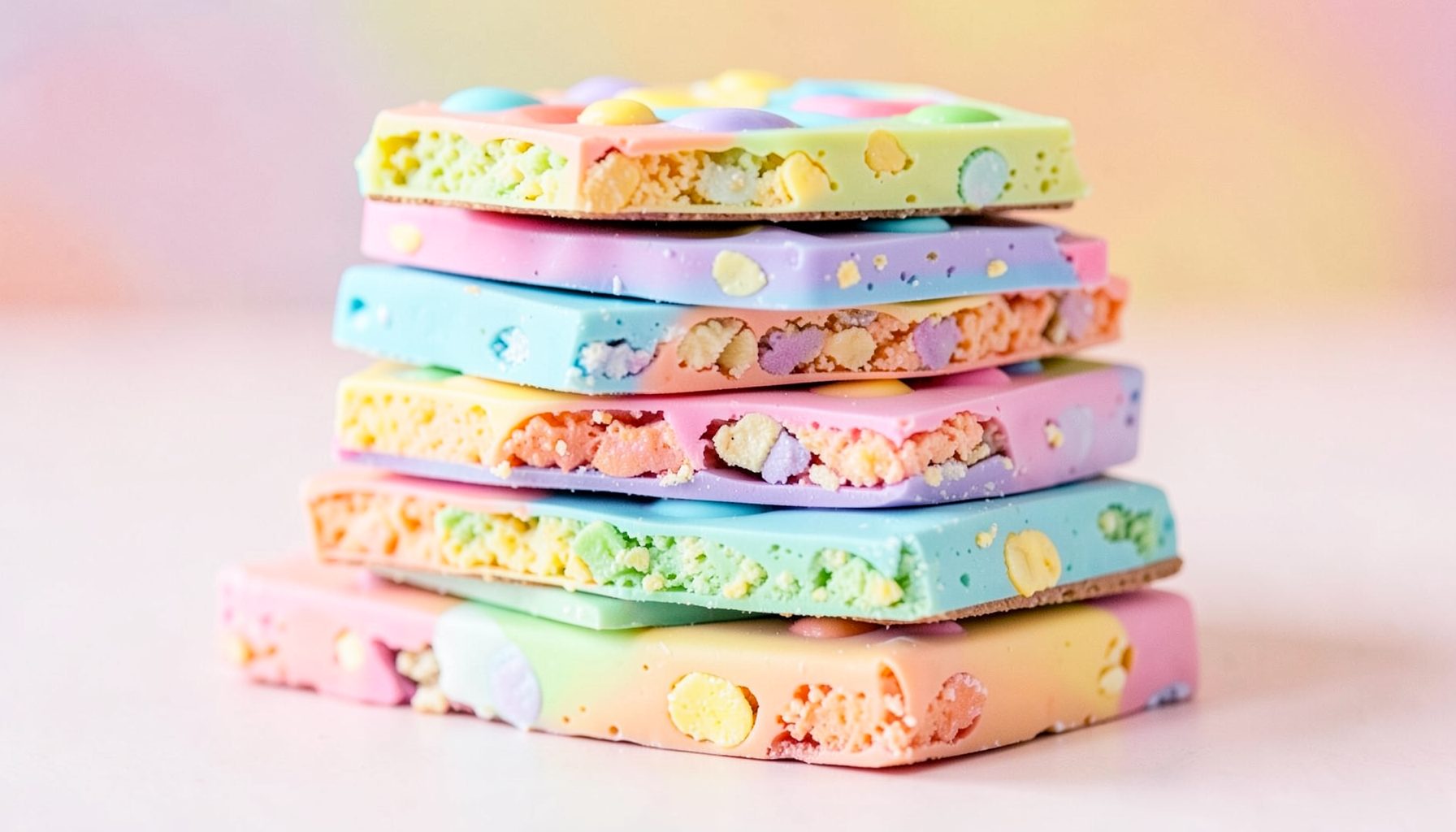 Bulk stack of ten colorful pastel cereal-inspired chocolate bars, fun cheerful mood