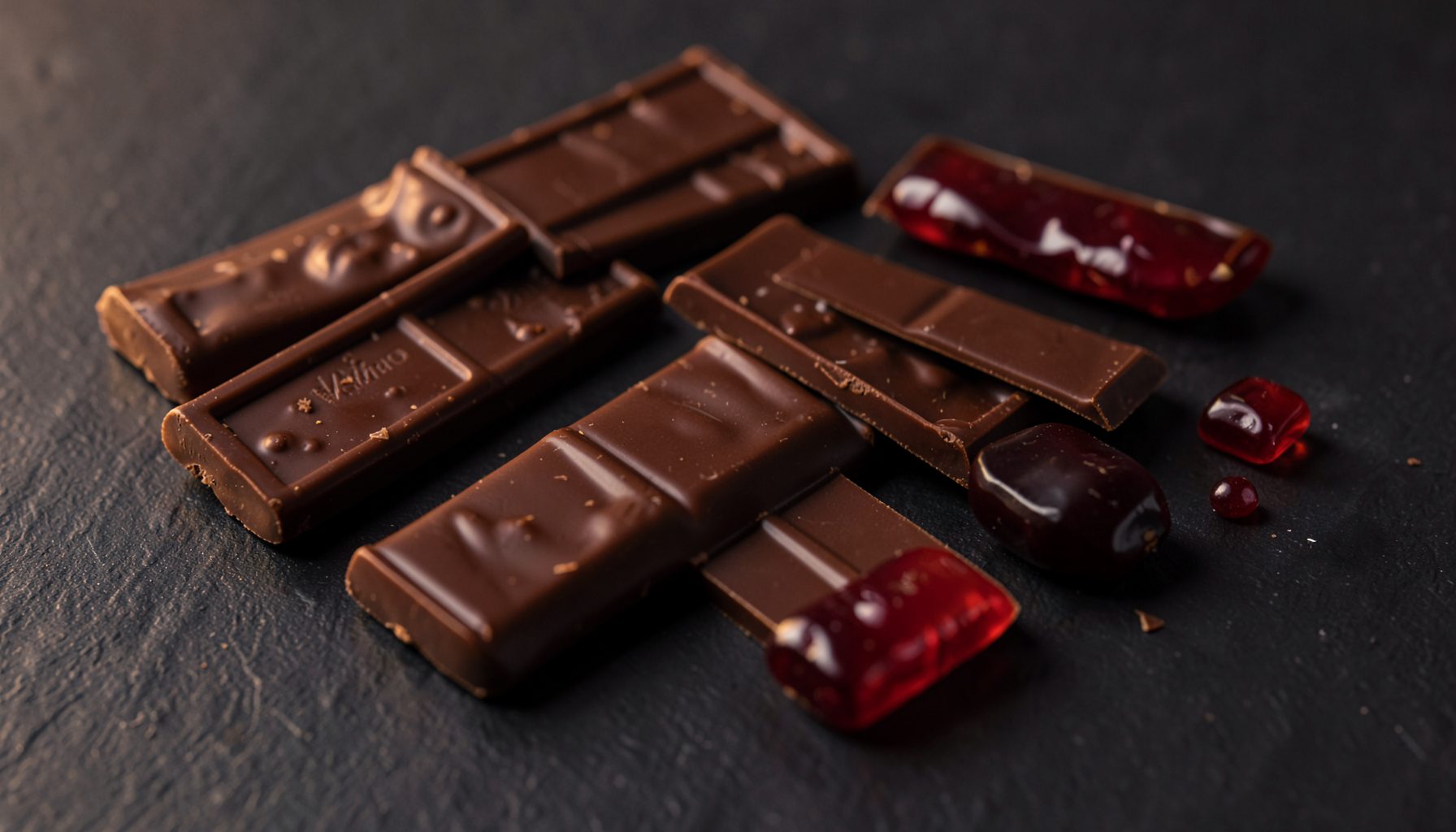 Assorted chocolate bars and gummies arranged on a dark slate surface with soft warm lighting, rich browns and deep reds