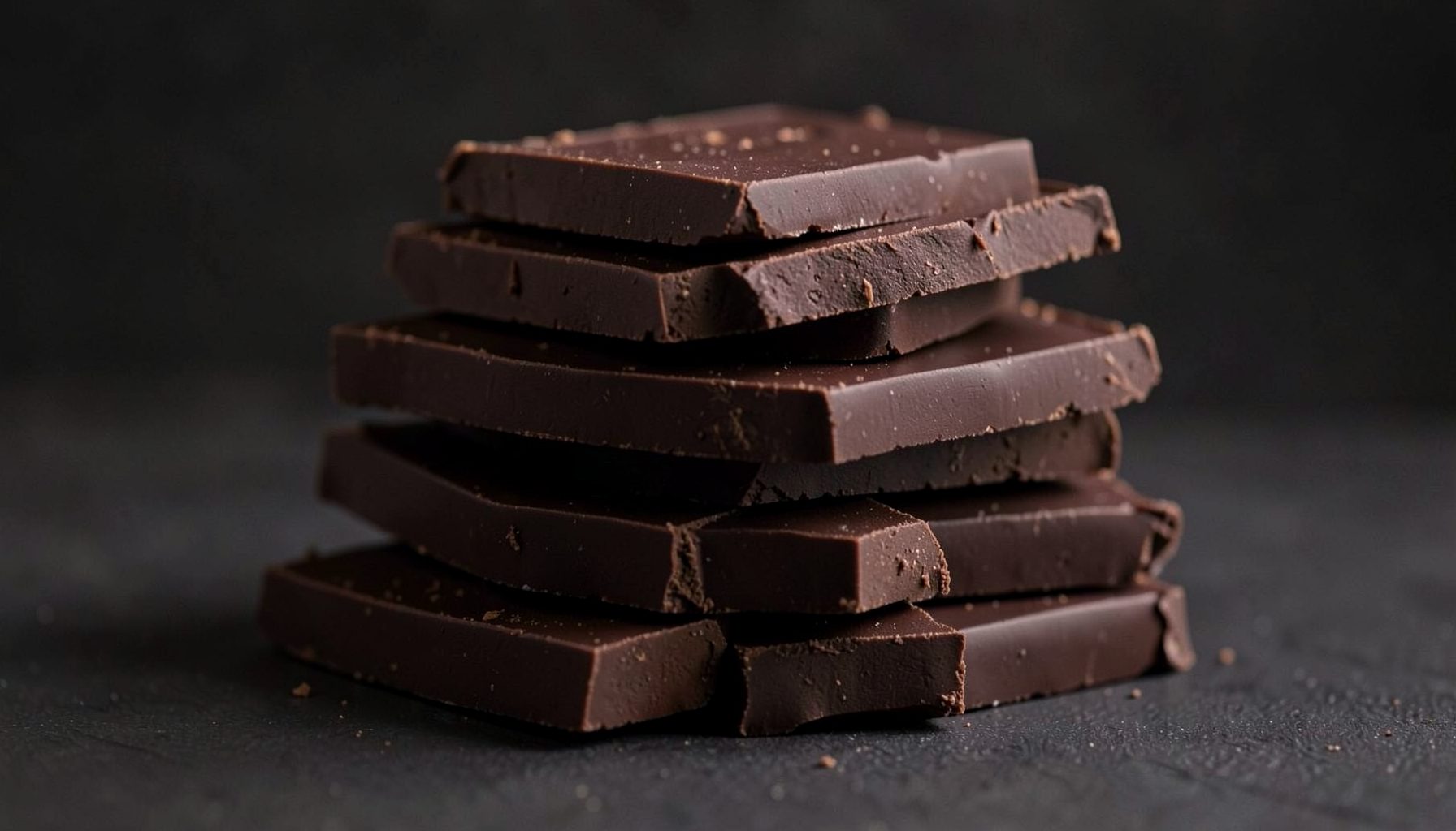 Bulk stack of ten deep dark brown chocolate bars, intense moody color palette