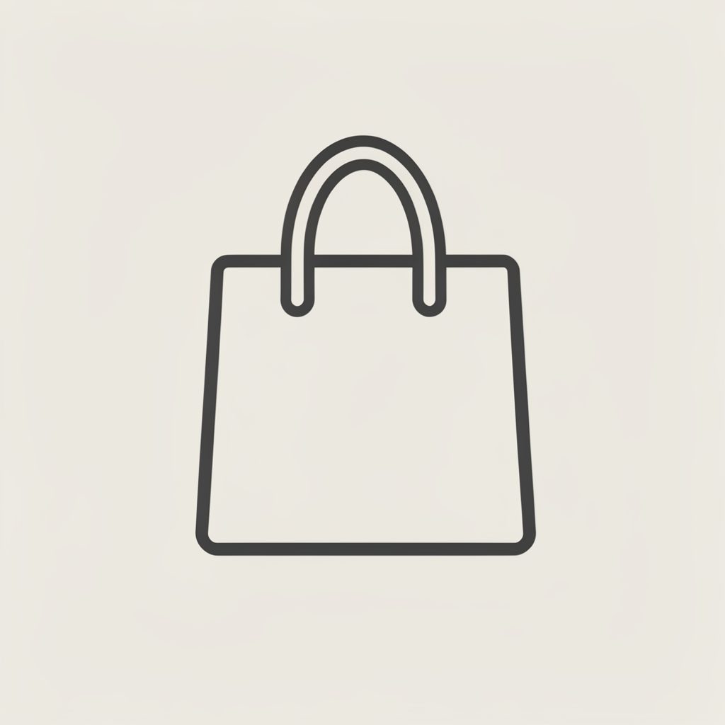 Simple outlined shopping bag icon on a light neutral background, clean and minimal