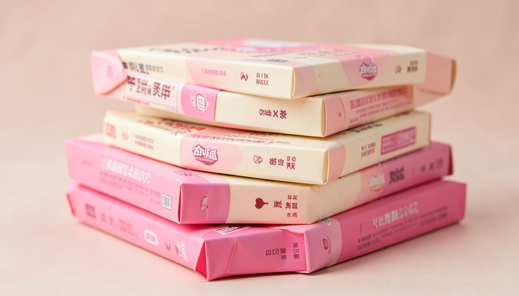 Ten stacked chocolate bars in cream and pink packaging, bulk quantity, celebratory mood