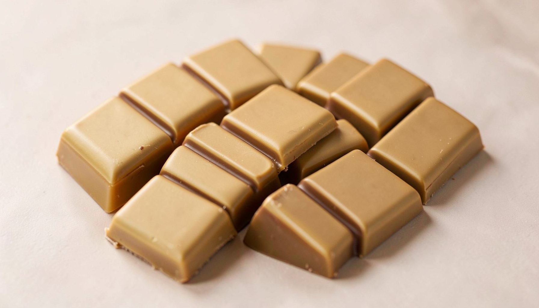 Bulk set of ten golden tan buttery-toned chocolate bars, comforting mood