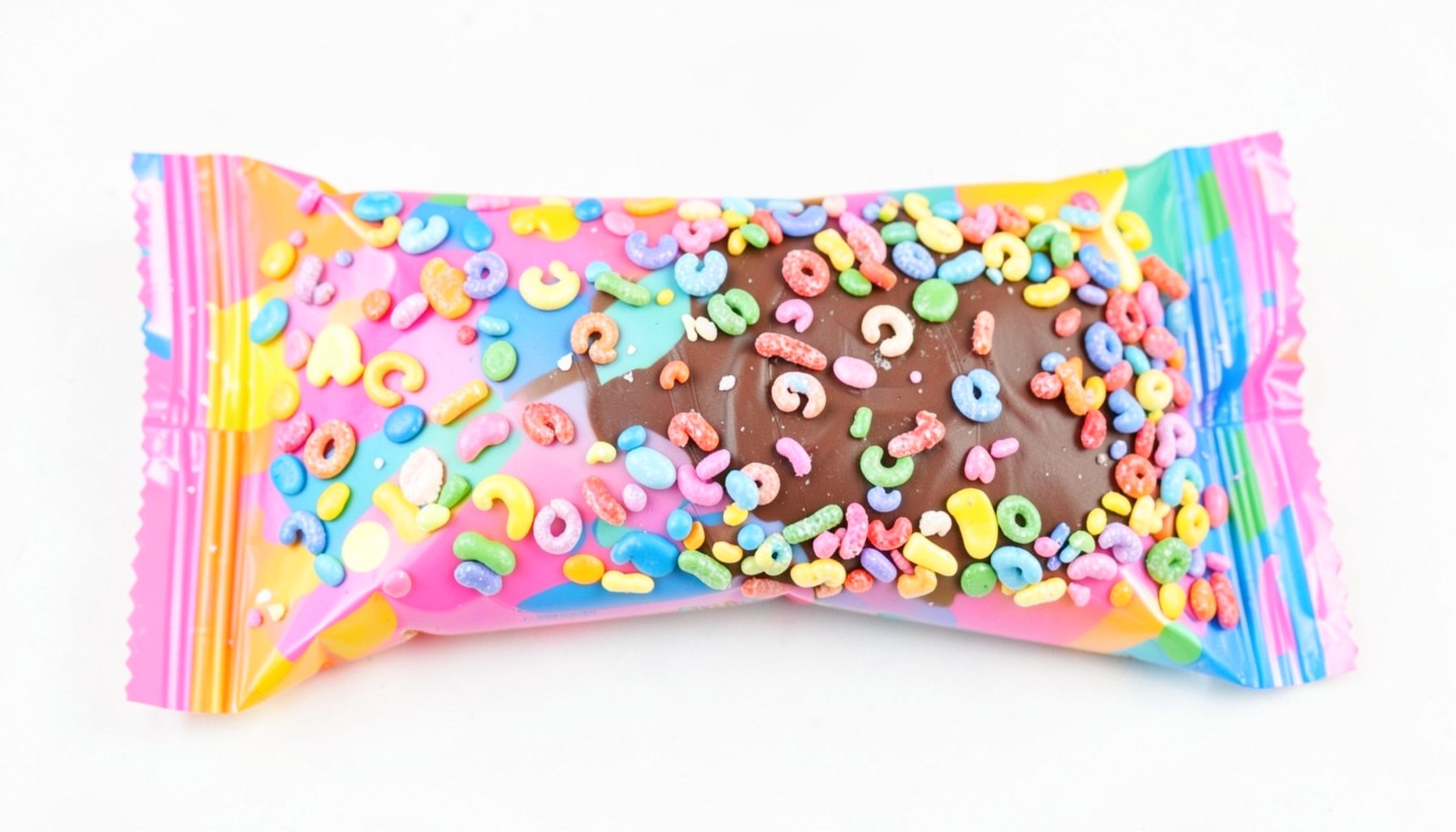 Colorful chocolate bar packaging with bright pastel cereal-inspired confetti tones, fun mood