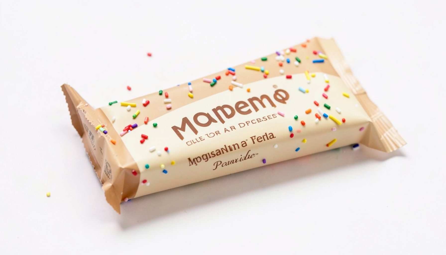 Warm beige and cream-toned chocolate bar packaging with festive sprinkles, cheerful and inviting