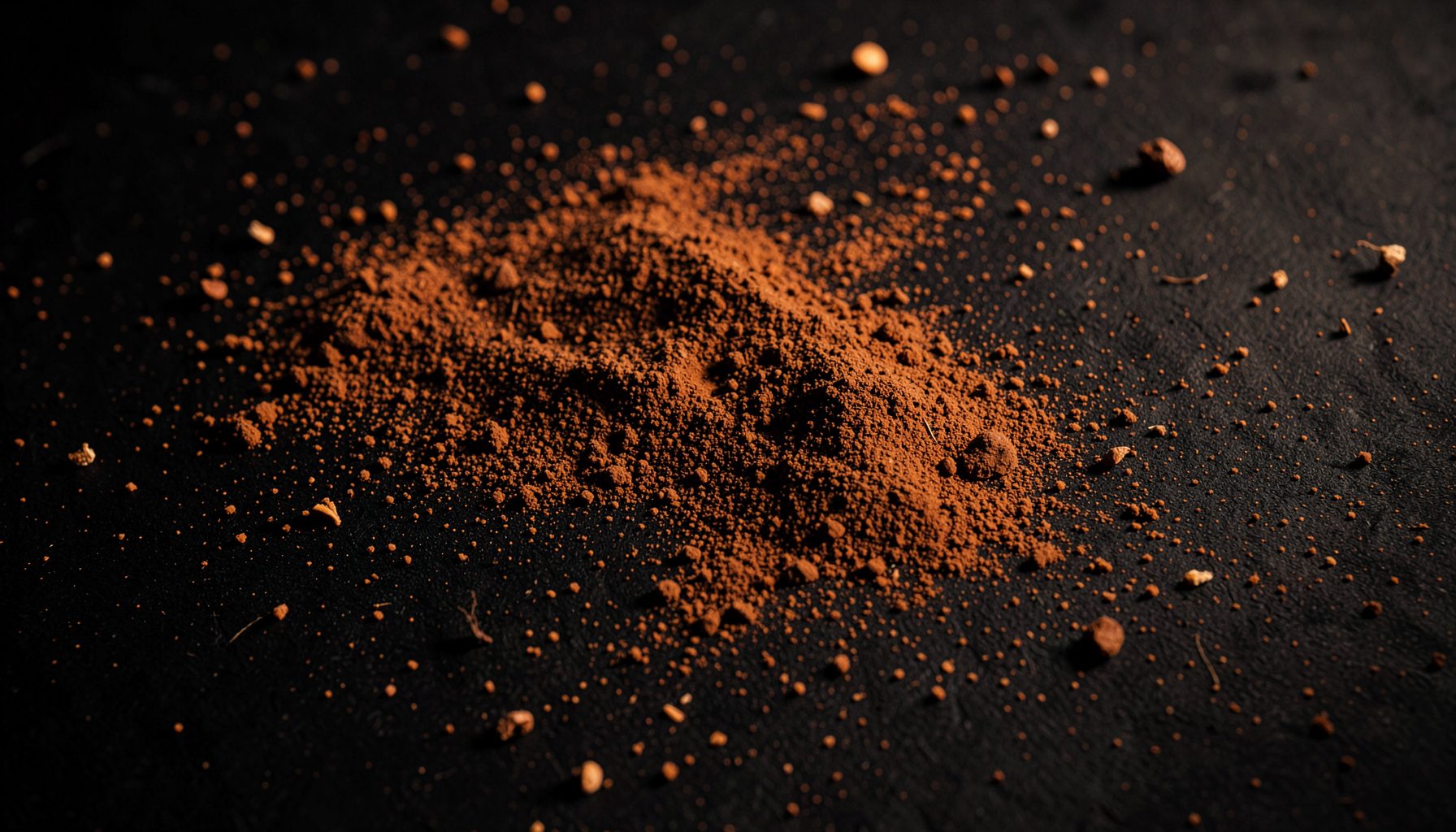 Dark textured surface with scattered cocoa powder and fine mushroom particles, warm amber and deep brown tones, moody and rich atmosphere