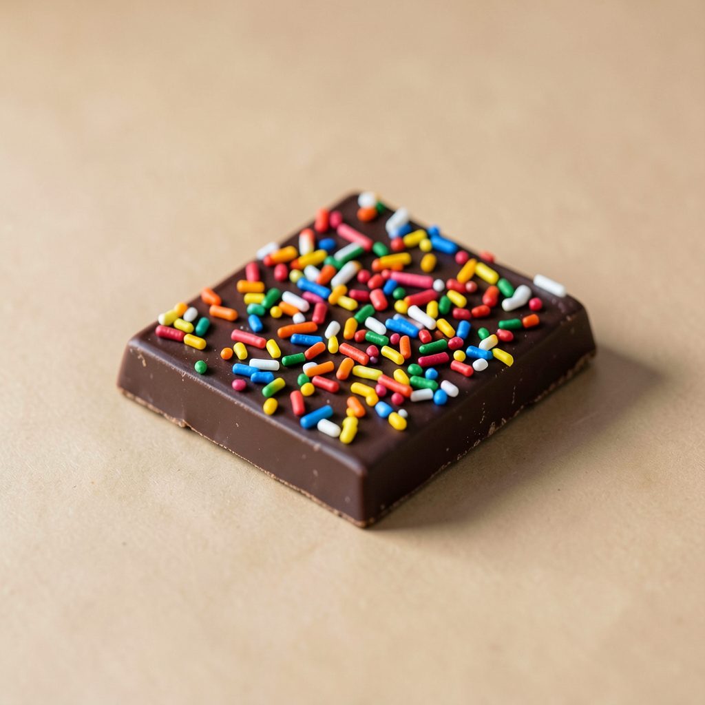 Dark chocolate bar with colorful sprinkles on a warm neutral surface