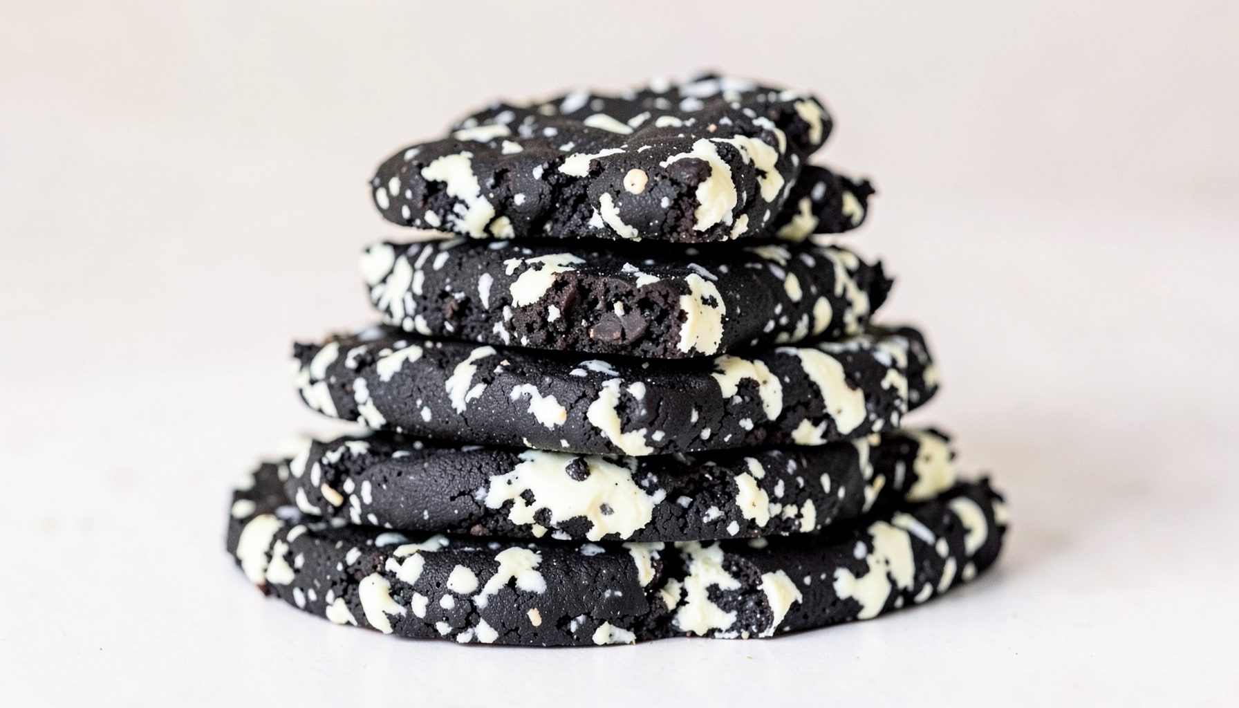 Bulk stack of ten black and white speckled cookies and cream chocolate bars, playful mood