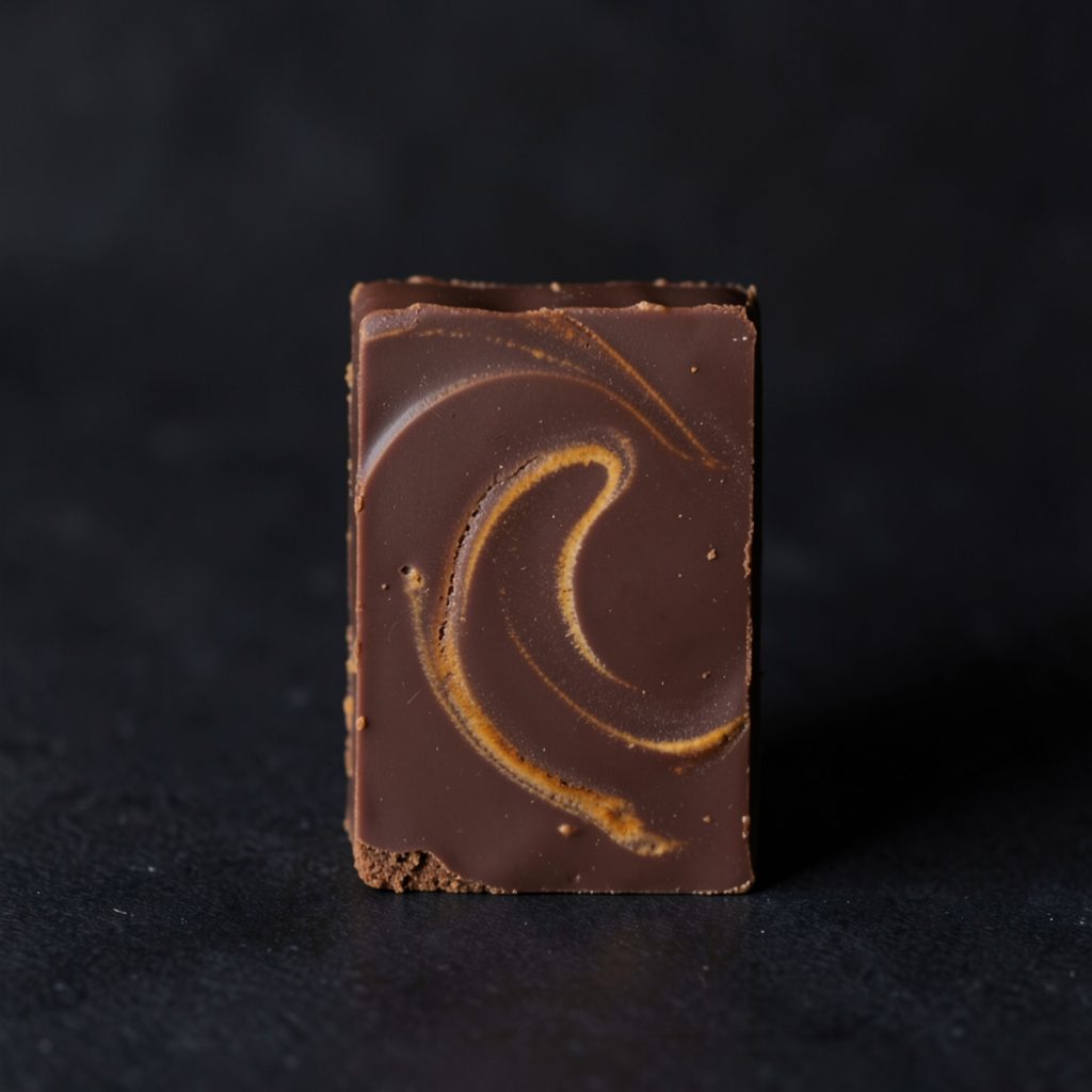 Rich brown chocolate bar with subtle cinnamon-toned swirls on a dark backdrop