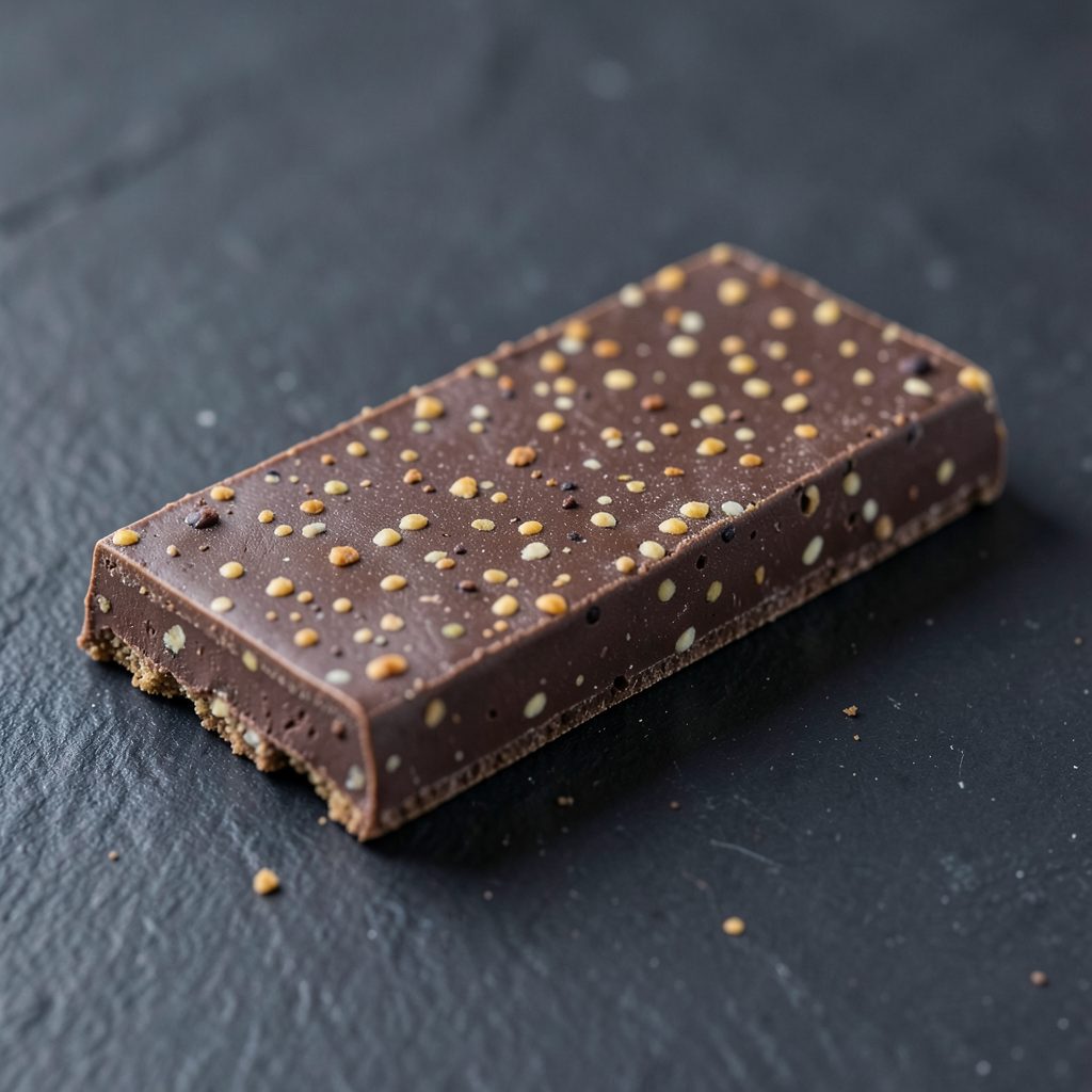 Cookies and cream style chocolate bar with speckled texture on a dark slate surface