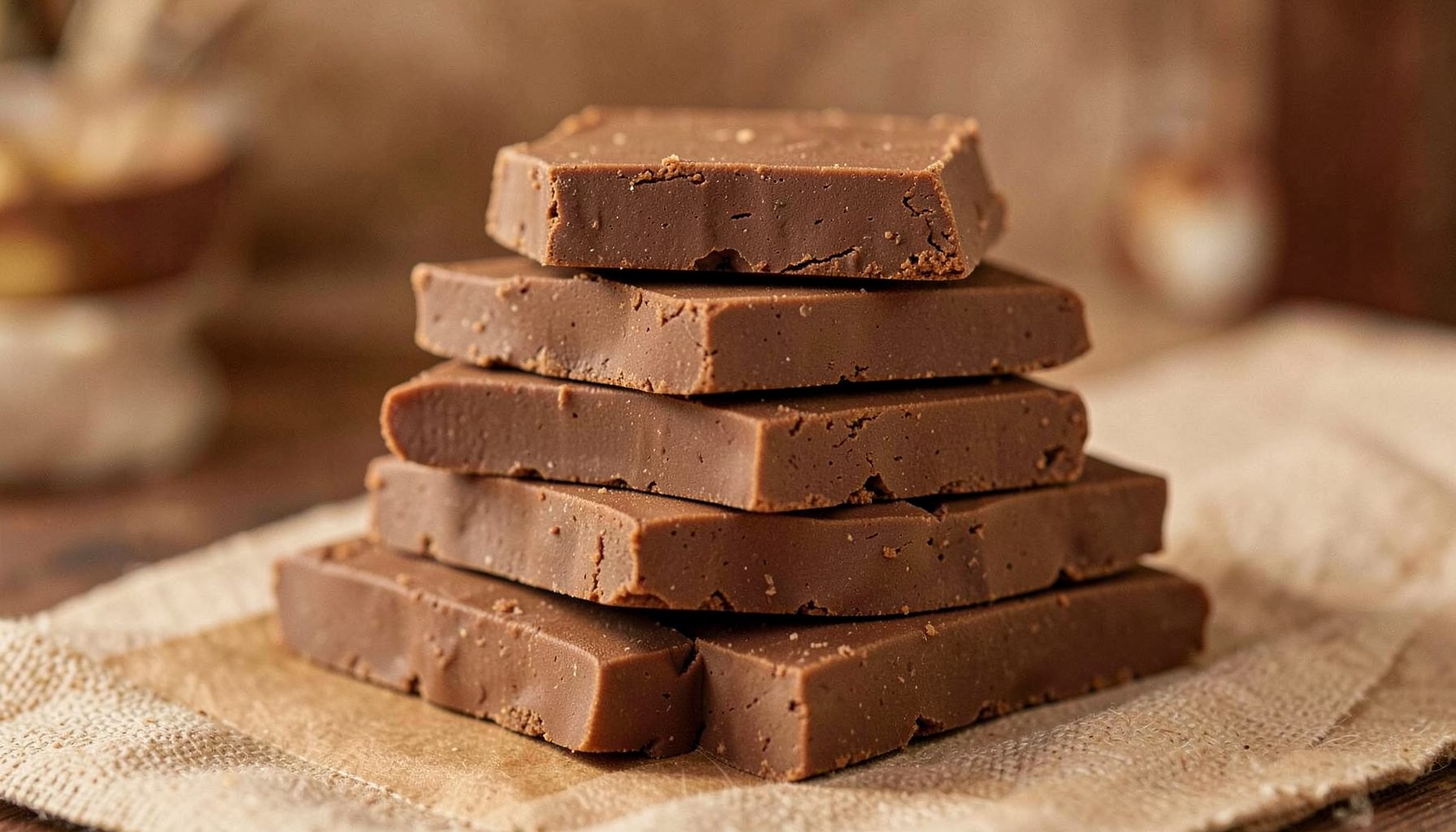 Bulk stack of ten warm brown cinnamon-toned chocolate bars, cozy mood