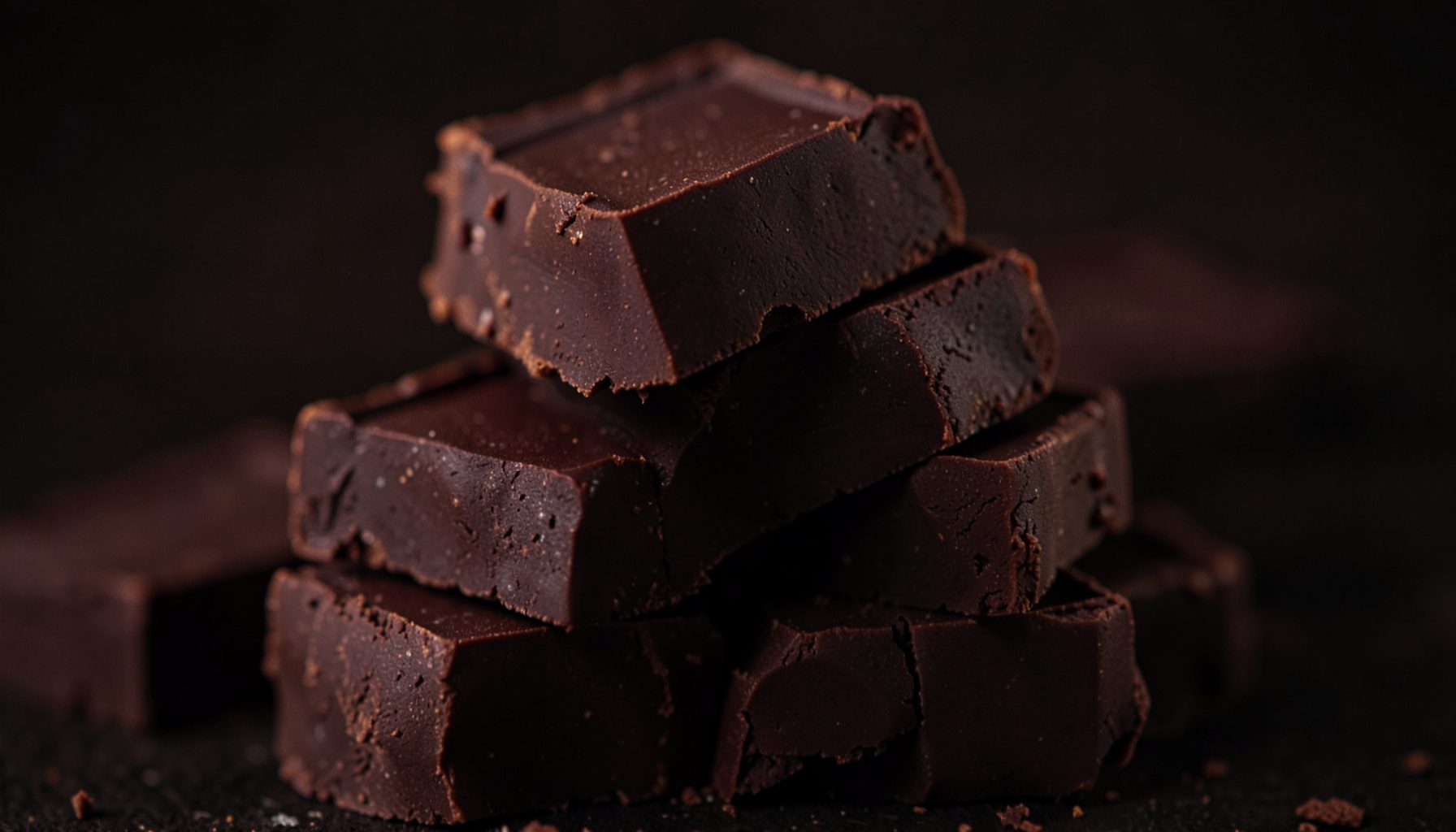 Dark brown and deep red chocolate squares stacked closely together with a moody, rich, indulgent atmosphere